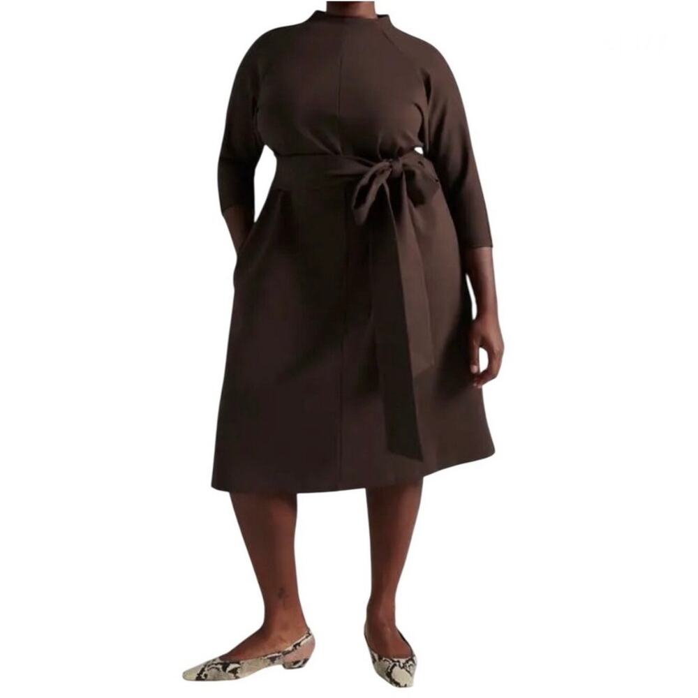 Pari Passu Janice Espresso Brown Funnel Neck Midi Dress Belted Pockets NWT D20